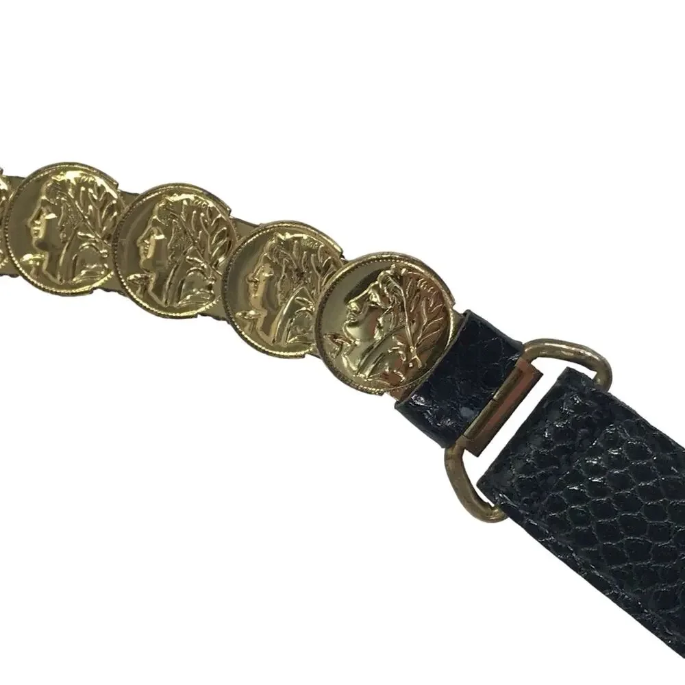 Roman Coin Embossed Belt Gold-tone Fashion Belt Size Small Women's